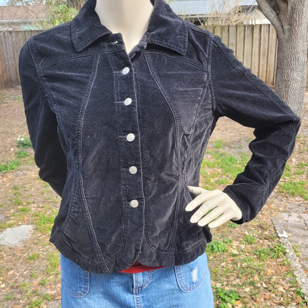 [EUC] Live a Little 🖤 VTG Black Velveteen Jacket w/ Pockets, Sz Medium, 90s-Y2K - Picture 3 of 17